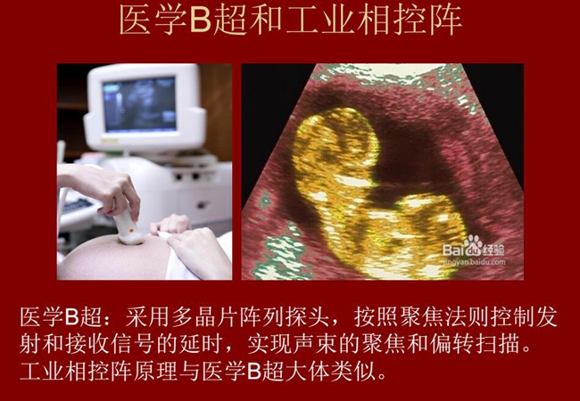 工業(yè)相控陣原理與醫(yī)學(xué)B超大體類似，醫(yī)學(xué)B超采用多晶片陣列探頭，按照聚焦法則控制發(fā)射和接收信號(hào)的延時(shí)，實(shí)現(xiàn)聲束的聚焦和偏轉(zhuǎn)掃描