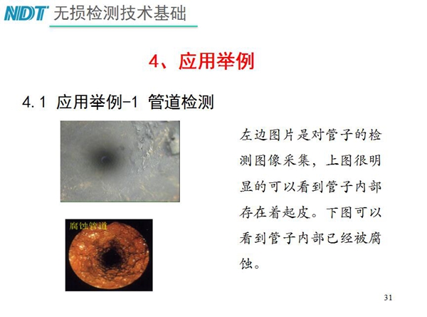 應用舉例一1 管道檢測，從兩張檢測對比圖片可以明顯看到管子  內部存在著起皮，另一張可以看以管子內部己經(jīng)被腐蝕