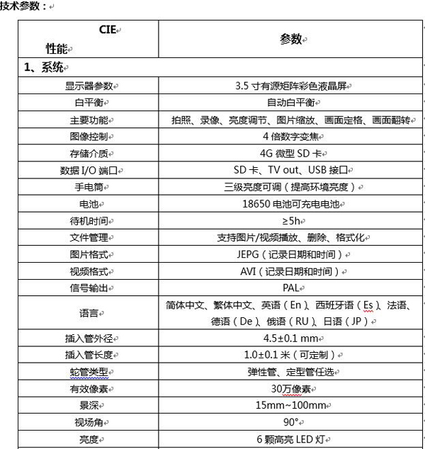 CIE便攜式汽修內(nèi)窺鏡圖像控制、數(shù)據(jù)I/O接口、插入管外徑、長度等主要性能技術(shù)指標
