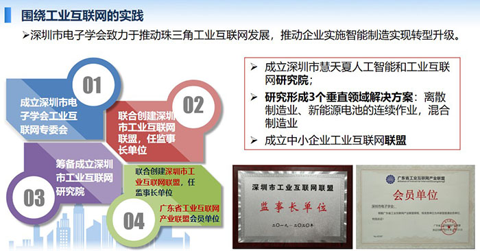 圍繞工業(yè)互聯(lián)網(wǎng)的實(shí)踐：深圳市電子學(xué)會(huì)致力于推動(dòng)珠三角工業(yè)互聯(lián)網(wǎng)發(fā)展，推動(dòng)企業(yè)實(shí)施智能制造實(shí)現(xiàn)轉(zhuǎn)型升級(jí)。