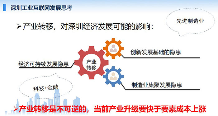 產(chǎn)業(yè)轉(zhuǎn)移，對(duì)深圳經(jīng)濟(jì)發(fā)展可能的影響：創(chuàng)新發(fā)展基礎(chǔ)的隱患、經(jīng)濟(jì)可持續(xù)發(fā)展隱患、制造業(yè)集聚發(fā)展隱患；產(chǎn)業(yè)轉(zhuǎn)移是不可逆的， 當(dāng)前產(chǎn)業(yè)升級(jí)要快于要素成本上漲