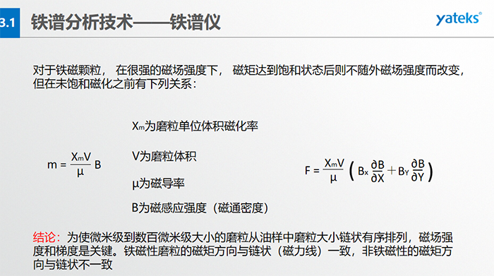 鐵譜儀中顆粒的沉積過程：含有磨粒的油樣流經(jīng)磁場時(shí)，磨粒受到重力、 液體浮力、 磁場力和顆粒 下落過程中所受油液粘滯阻力的聯(lián)合作用。  重力和浮力的合力同磁場力相比是很小的，可以忽略不計(jì)，在磨粒的沉積過程中，磁場力和粘滯阻力起著決定性的作用。