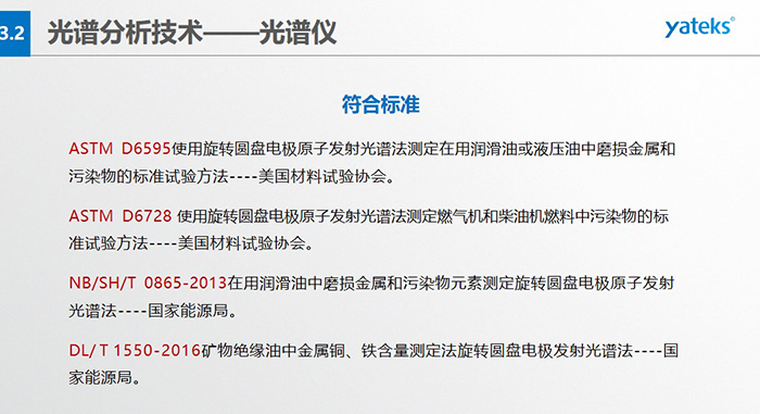 ASTM D6595使用旋轉(zhuǎn)圓盤電極原子發(fā)射光譜法測(cè)定在用潤滑油或液壓油中磨損金屬和污染物的標(biāo)準(zhǔn)試驗(yàn)方法----美國材料試驗(yàn)協(xié)會(huì)。   ASTM D6728 使用旋轉(zhuǎn)圓盤電極原子發(fā)射光譜法測(cè)定燃?xì)鈾C(jī)和柴油機(jī)燃料中污染物的標(biāo)準(zhǔn)試驗(yàn)方法----美國材料試驗(yàn)協(xié)會(huì)。   NB/SH/T 0865-2013在用潤滑油中磨損金屬和污染物元素測(cè)定旋轉(zhuǎn)圓盤電極原子發(fā)射光譜法----國家能源局。   DL/ T 1550-2016礦物絕緣油中金屬銅、鐵含量測(cè)定法旋轉(zhuǎn)圓盤電極發(fā)射光譜法----國家能源局。